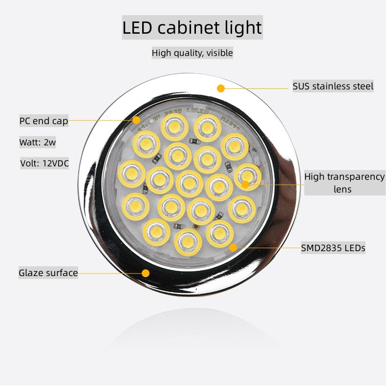 6pcs Packing Rounded LED Stainless Steel Under Cabinet Lighting 2W 12VDC 3 Switches are Available Controllable Puck Light for Motorhome, Caravan, Truck, Kitchen, Wine Cabinet, Wardrobe