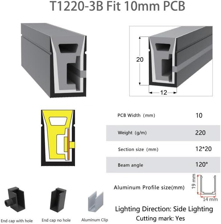 16.4FT(5Meters) 12*20mm 120° Side Insert Top Emitting IP67 Waterproof Flexible Full Black Silicon LED NEON Tube Housing Fit for 10mm Wide LED Strip Light
