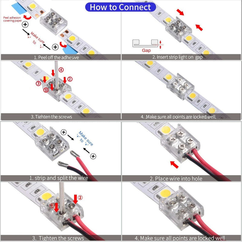 LED Strip Connectors, 2 Pin Solderless Tighten Screw Transparent LED Tape Light Connector for 5V 12V 24V 8mm 10mm Width LED Strip Lights