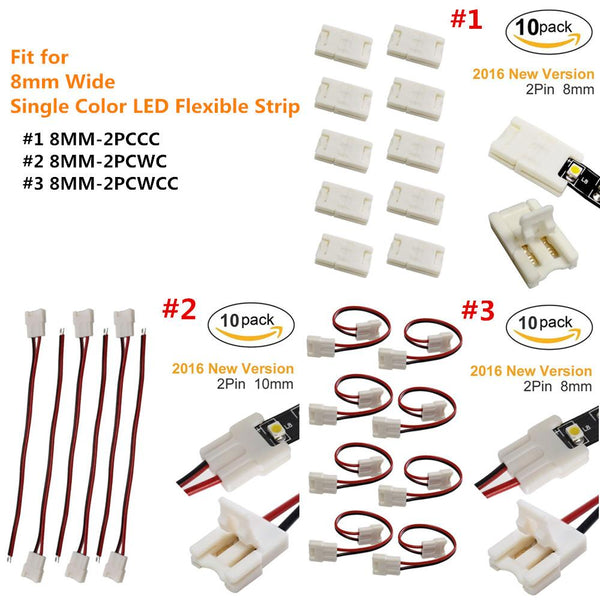 10pcs/Pack New LED Strip Connector Solderless Snap Down 2 Pin Strip to Strip Gapless Jumper for 8mm Wide 3528 2835 Single Color Flex LED Strips