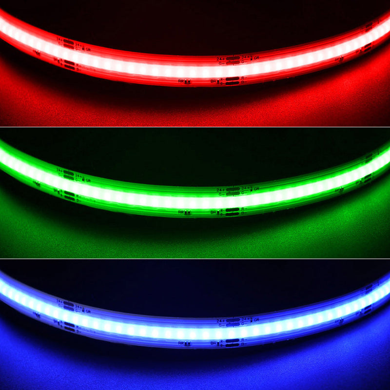Multi-colors FCOB LED Strip 16.4FT/5M Dot Free 840LEDs/M 14W/M 24V RGB LED Light Tape
