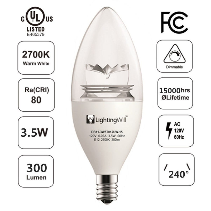 UL CUL Approved 3.5W 300 Lumen LED Candle Light Bulb Dimmable 2700K Warm White Color in E12 Edison Screw Base, 40 Watt Incandescent Lamp Equivalent