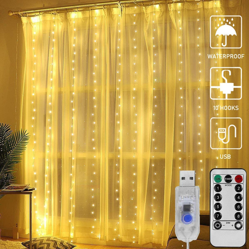 300 LED Curtain Lights 9.8FT by 9.8FT, 8 Lighting Modes Warm White Window Curtain String Lights with Remote USB Powered, Home Party Christmas Bedroom Indoor Outdoor Decor