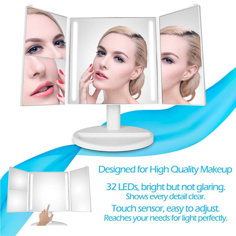Tri-Fold LED Makeup Mirror w/ 360° Rotation, 3x/2x Magnification, 32 LEDs, Touching Dimmer and Dual Power Supply for Lighted Vanity Mirror