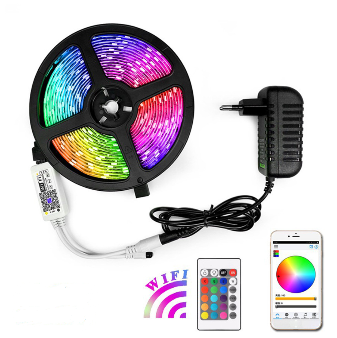 16.4FT/5Mtr 150LEDs RGB LED Strip Light Kit SMD5050 30LEDs/Mtr, WiFI Wireless, Smart APP controlled