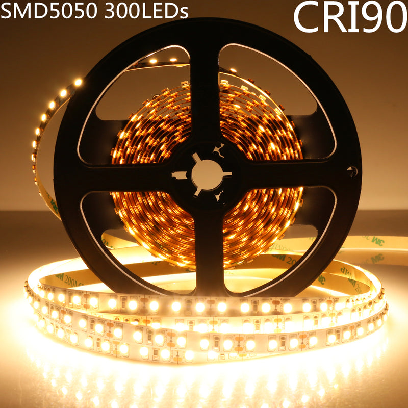 High CRI 90 LED Strip Lights, 5Meters (16.4ft) SMD5050-300, 60 LEDs 900LM Per Meter, DC 12V Dimmable Flexible LED Strips,10mm Wide Tape