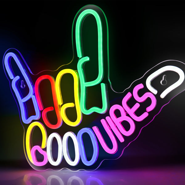 Good Vibes Neon Sign, Vibrant LED Finger Light Sign- Colorful Ambiance at Your Fingertips; Dimmable Good Vibes , USB Powered Neon Signs for Wall Decor, Colorful Light Up LED signs for Bedroom Game Room Party Club Decor