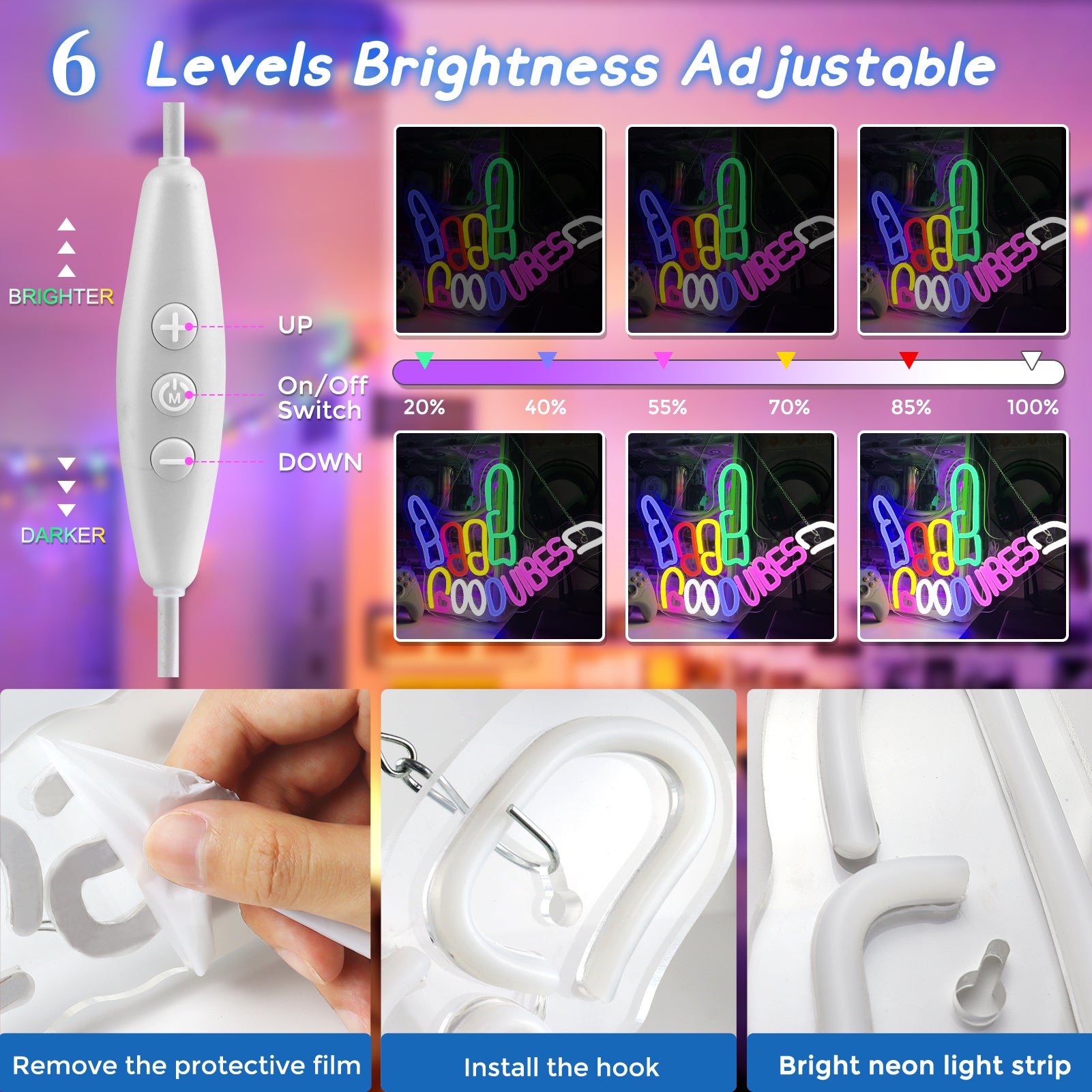 Good Vibes Neon Sign, Vibrant LED Finger Light Sign- Colorful Ambiance at Your Fingertips; Dimmable Good Vibes , USB Powered Neon Signs for Wall Decor, Colorful Light Up LED signs for Bedroom Game Room Party Club Decor