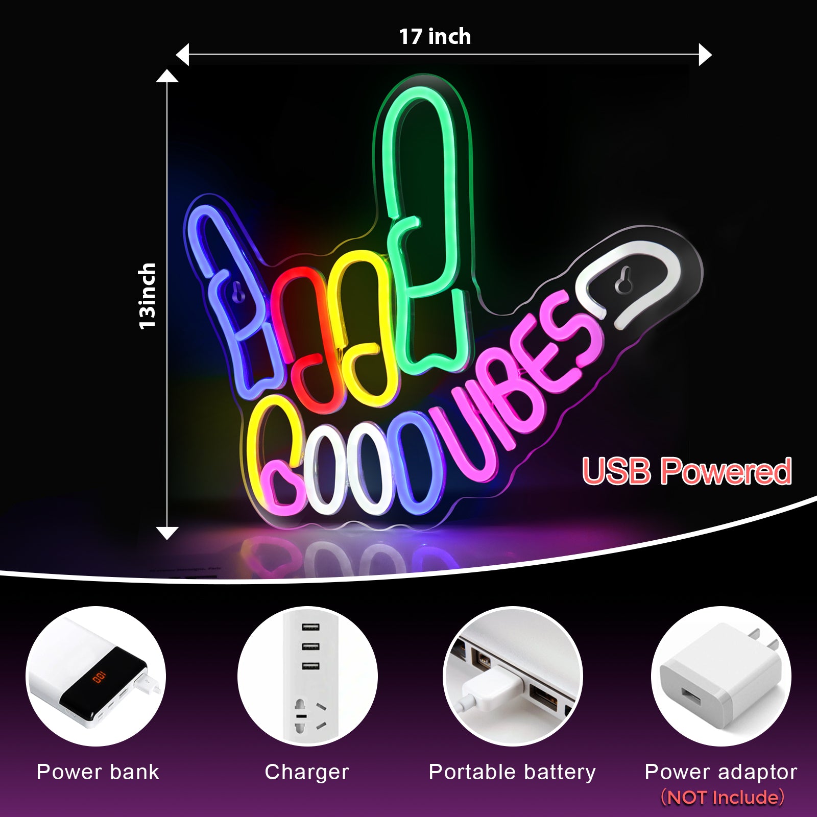 Good Vibes Neon Sign, Vibrant LED Finger Light Sign- Colorful Ambiance at Your Fingertips; Dimmable Good Vibes , USB Powered Neon Signs for Wall Decor, Colorful Light Up LED signs for Bedroom Game Room Party Club Decor