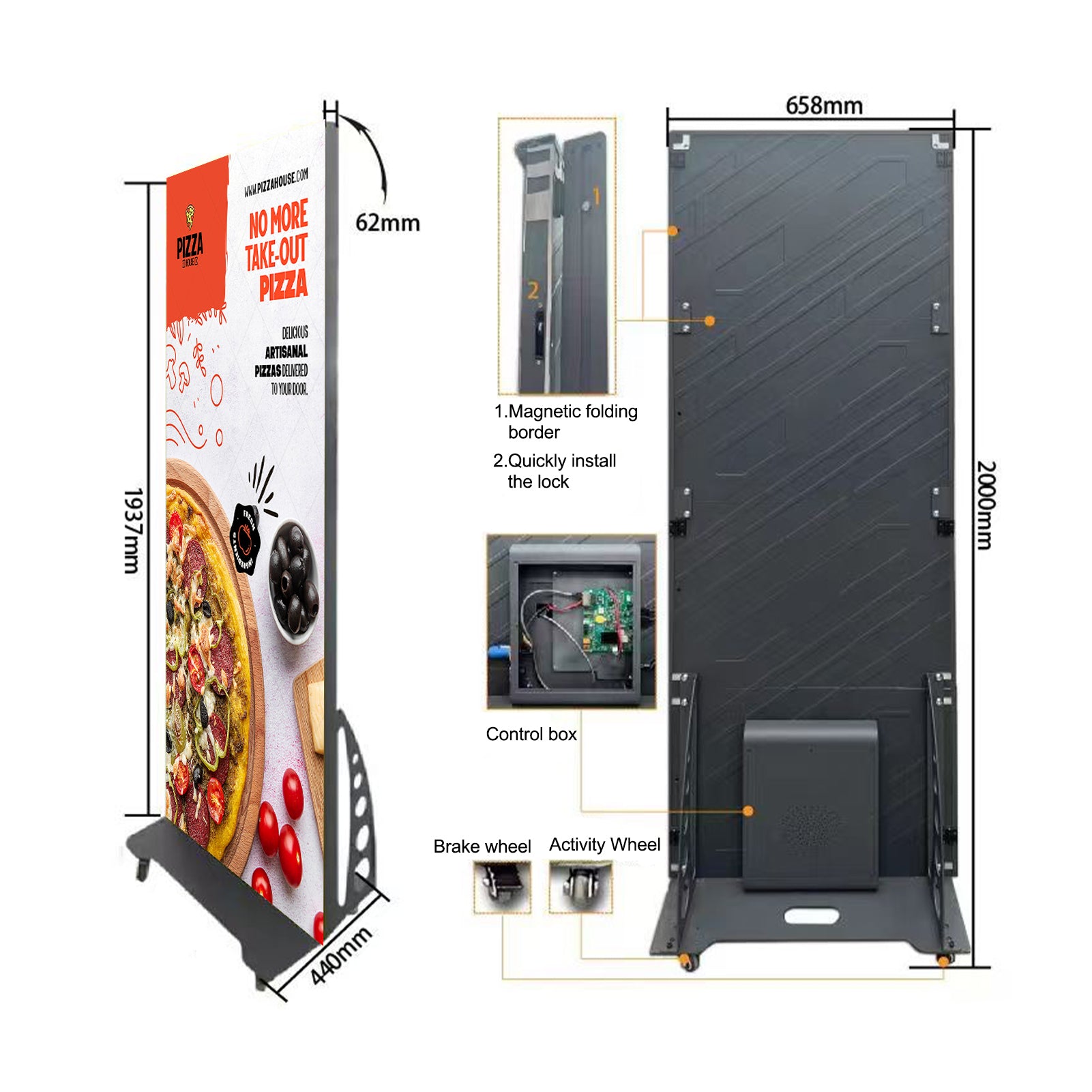 2PCS-PACK EPG Series P1.25 | P1.53 | P1.86 | P2.5 mm Indoor LED Poster Display w/ Flip Open Magnetic Frame and GOB Protective IP65 Front Surface in 640x1920mm Large Display Area