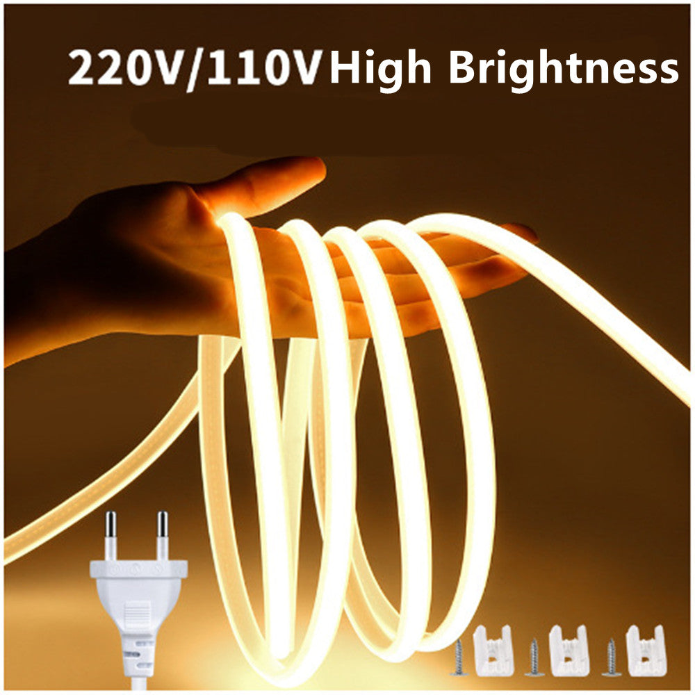 32.8Feet 110V AC / 220V AC Spotless FCOB LED Flexible Strip Light, IP65 Waterproof High Brightness with Inline Switch