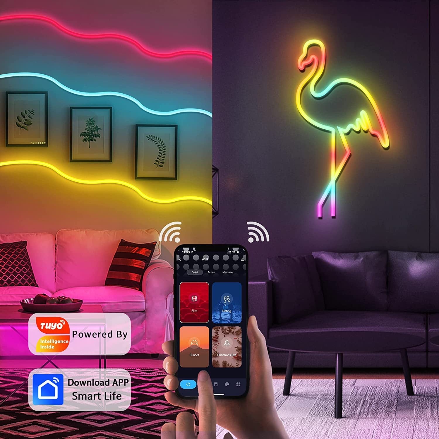 RGB Dream Color LED NEON Strip Light Kit in 16.4FT with 300LEDs Lighting Kit with APP Controlled Sound Active function Wireless Remote Control