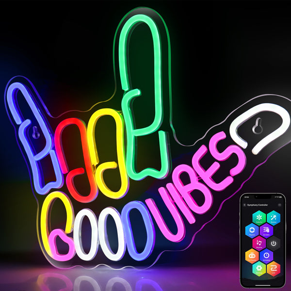 Good Vibes Neon Sign, Vibrant LED Finger Light Sign with Smart Control - Colorful Ambiance at Your Fingertips; Dimmable Good Vibes , USB Powered Neon Signs for Wall Decor, Colorful Light Up LED signs for Bedroom Game Room Party Club Decor