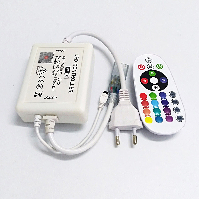 RGB LED Controller, 750W Max High-Voltage WiFi Color Changing RGB Controller (Plastic) with IR Remote and Music Time APP Control System for AC110-130V/ 200-240V LED Tape Rope Strip Lights