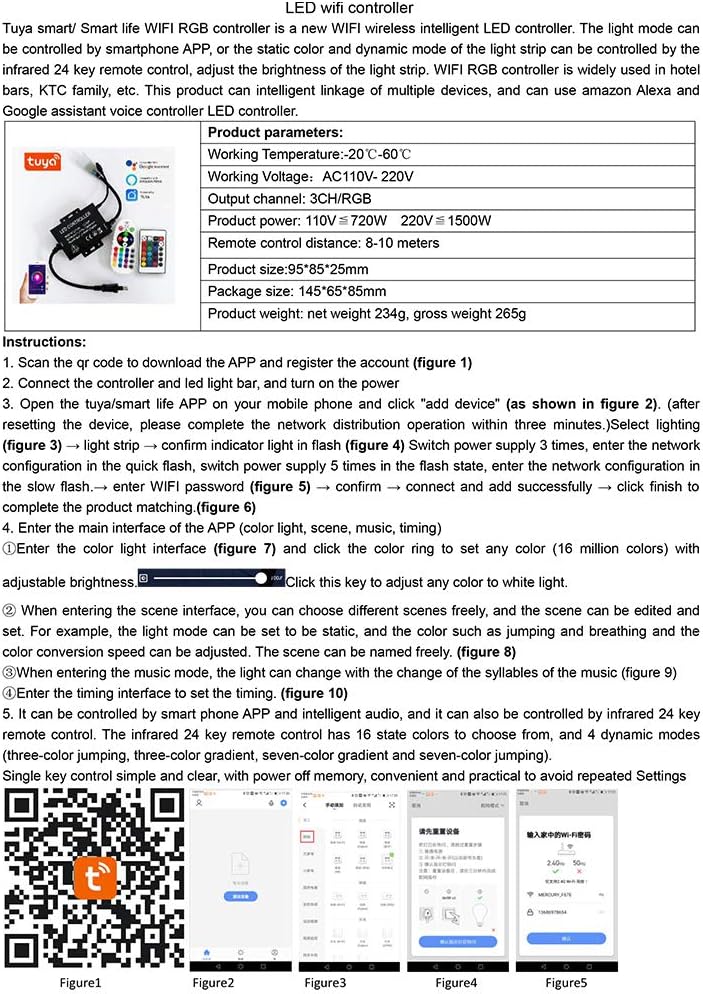 RGB LED Controller, 750W Max High-Voltage WiFi Color Changing RGB Controller (Plastic) with IR Remote and Music Time APP Control System for AC110-130V/ 200-240V LED Tape Rope Strip Lights