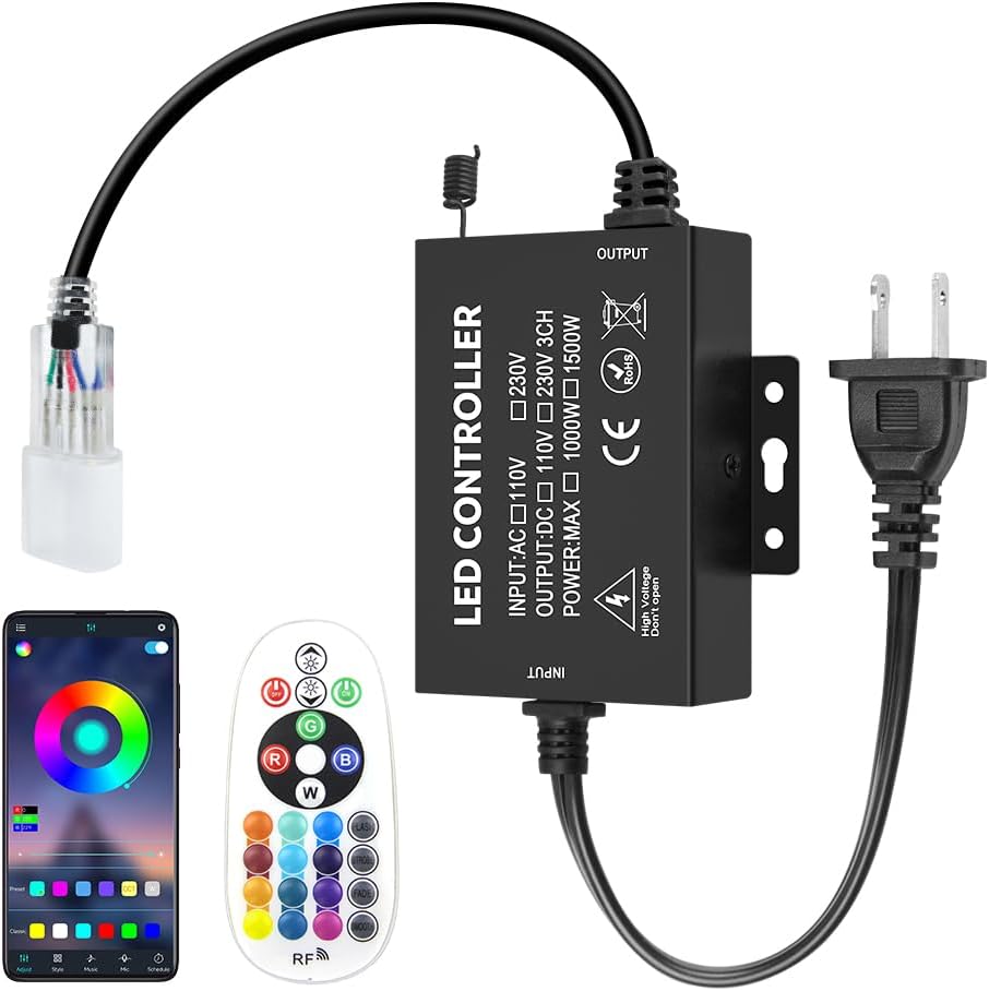 RGB LED Controller, 1500W Max High-Voltage WiFi Color Changing RGB Controller (Aluminum) with RF Remote and Music Time APP Control System for AC110-130V/ 200-240V LED Tape Rope Strip Lights