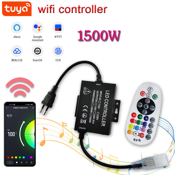 RGB LED Controller, 1500W Max High-Voltage WiFi Color Changing RGB Controller (Aluminum) with RF Remote and Music Time APP Control System for AC110-130V/ 200-240V LED Tape Rope Strip Lights