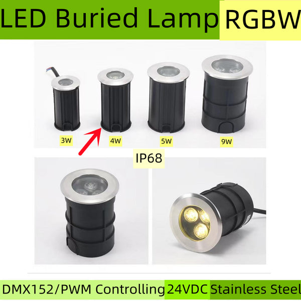 10Pack RGBW IP68 Waterproof Outdoor LED Underground Light 4W 24V Deck light Buried Lamp Spotlight for Pathway Driveway Garden Recessed Landscape with Stainless Steel Body PC Cover Tempering Glass Len