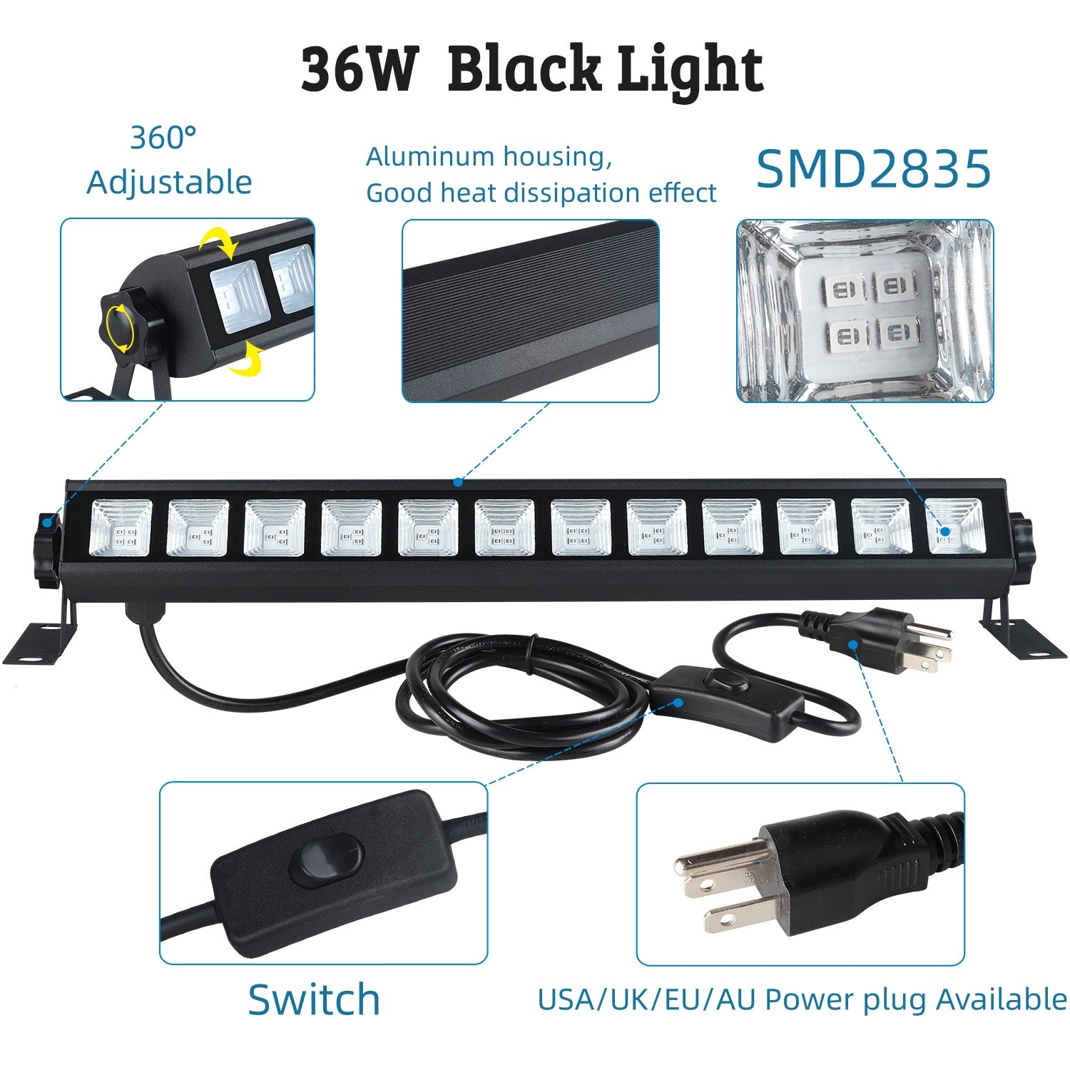 36W 385-400nm LED Black Light Bar, Black Lights for Glow Party, Black light with Plug &Switch, Glow Light for Halloween, Fluorescent Body Paint, Stage Lighting