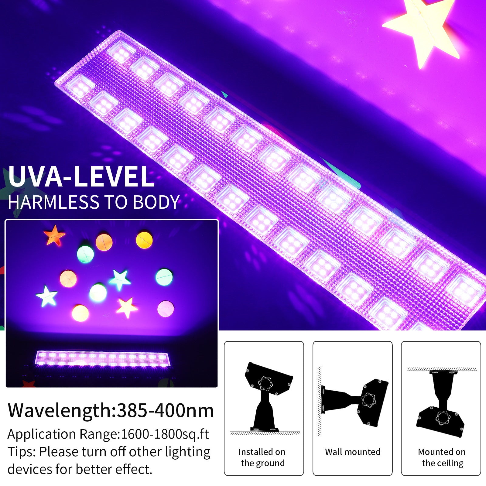 100W  385-400nm LED UV Black Light Bar, Black Lights for Glow Party, Black light with Plug &Switch, Glow Light for Halloween, Fluorescent Body Paint, Stage Lighting