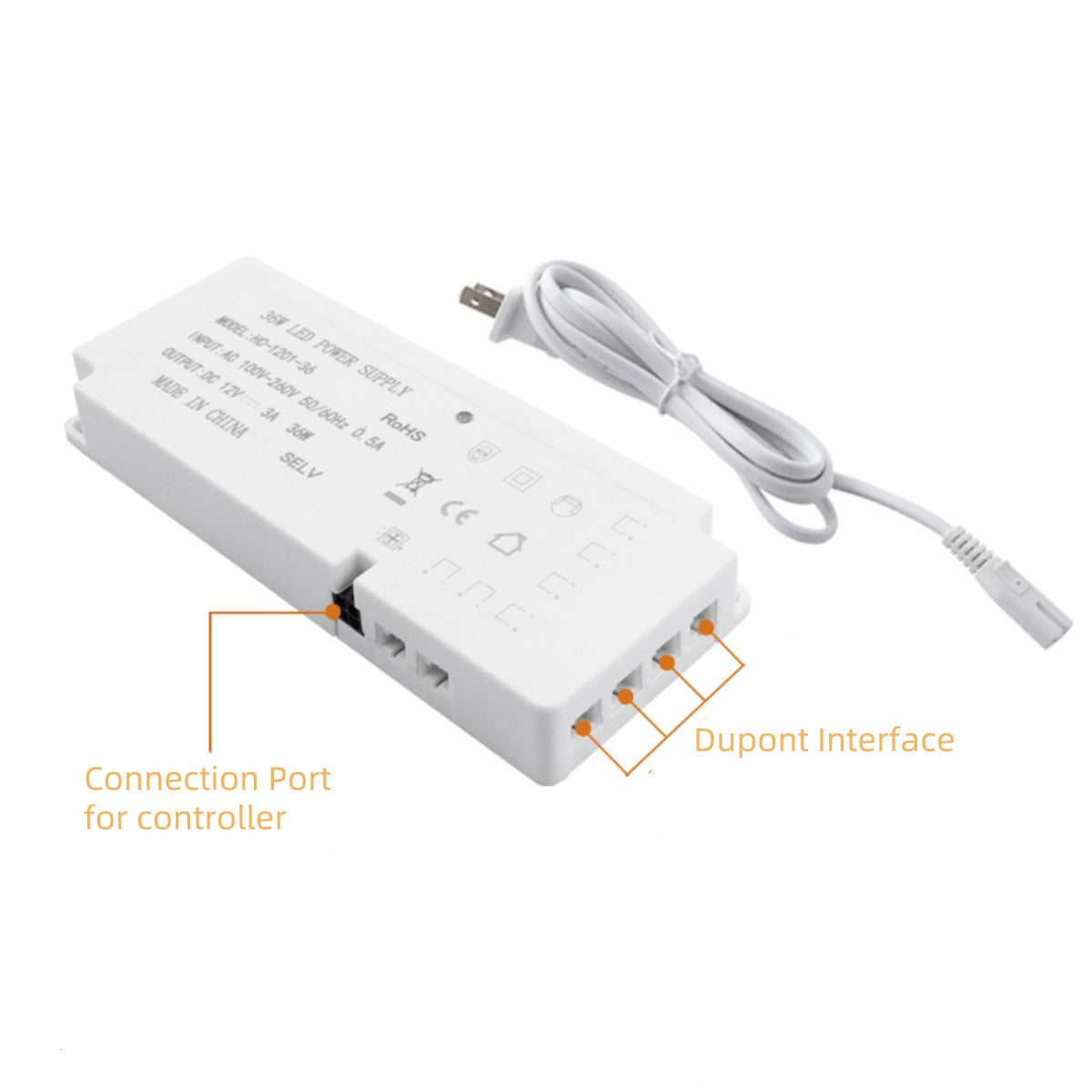 Power Supply with Dupont Interface Output Ports for LED Under Cabinet Lights