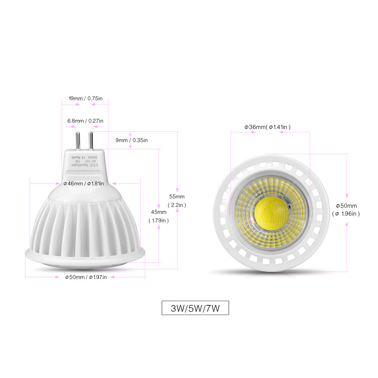 4Pack 3W/5W/7W 12V AC/DC LED Spotlight MR16 LED Bulb Light GU5.3 Bi-Pin Base White Aluminum Housing 30° Beam Angle