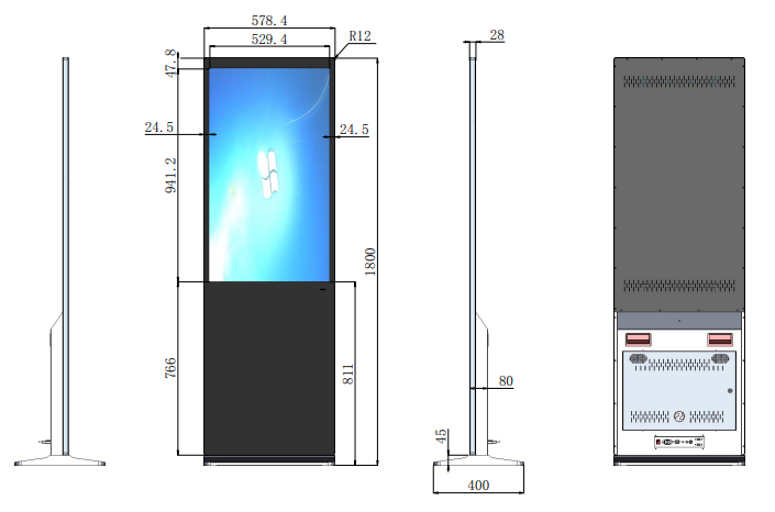 43'' LCD Digital Signage, Free Standing LCD Digital Poster Kiosk, No Touch, Single Sided, Android OS, Caster Wheels