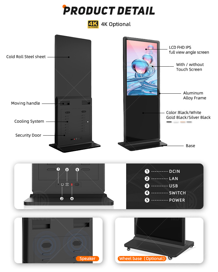 49'' Touch Screen LCD Digital Signage, Free Standing LCD Digital Poster Kiosk, w/ IR Touch, Single Sided, Android OS, Caster Wheels