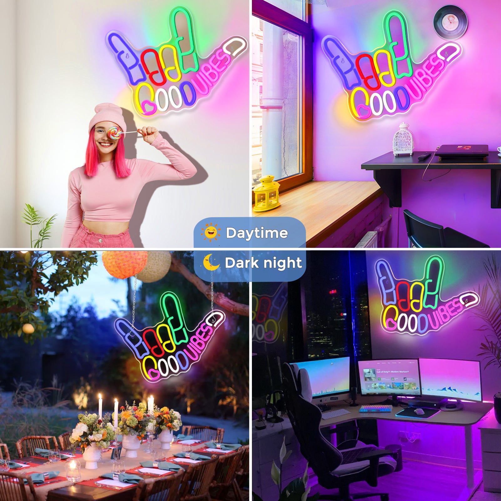 Good Vibes Neon Sign, Vibrant LED Finger Light Sign- Colorful Ambiance at Your Fingertips; Dimmable Good Vibes , USB Powered Neon Signs for Wall Decor, Colorful Light Up LED signs for Bedroom Game Room Party Club Decor