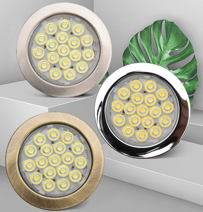 6pcs Packing Rounded LED Stainless Steel Under Cabinet Lighting 2W 12VDC 3 Switches are Available Controllable Puck Light for Motorhome, Caravan, Truck, Kitchen, Wine Cabinet, Wardrobe