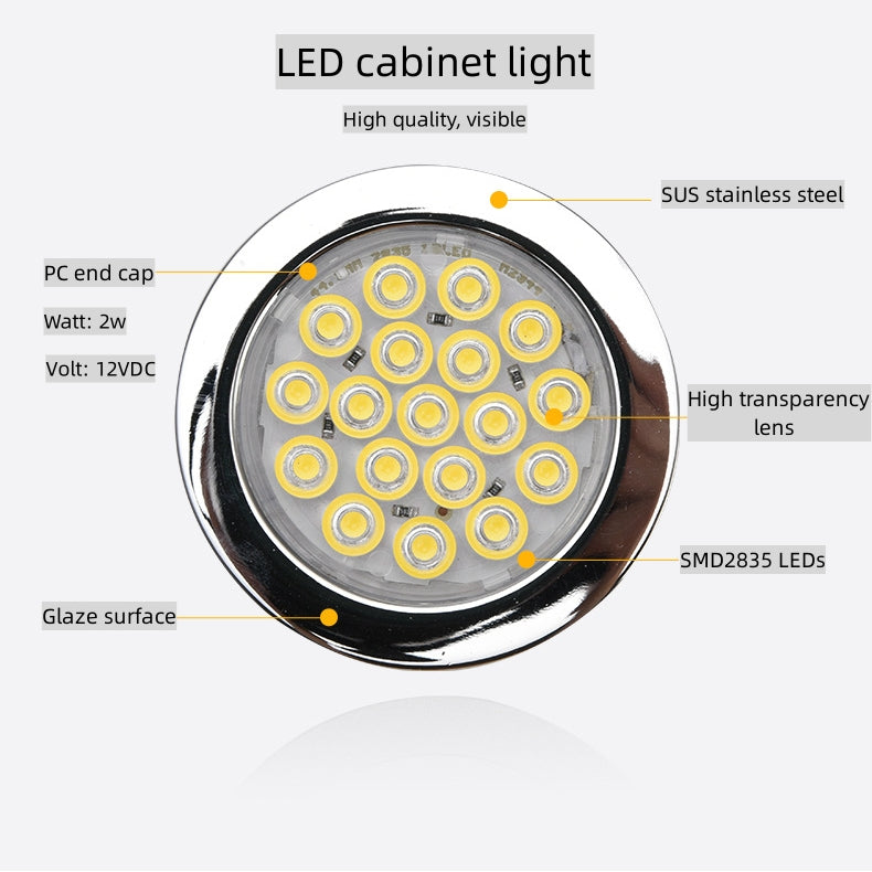 6pcs Packing Rounded LED Stainless Steel Under Cabinet Lighting 2W 12VDC 3 Switches are Available Controllable Puck Light for Motorhome, Caravan, Truck, Kitchen, Wine Cabinet, Wardrobe
