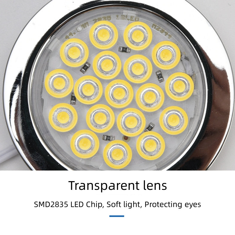 6pcs Packing Rounded LED Stainless Steel Under Cabinet Lighting 2W 12VDC 3 Switches are Available Controllable Puck Light for Motorhome, Caravan, Truck, Kitchen, Wine Cabinet, Wardrobe