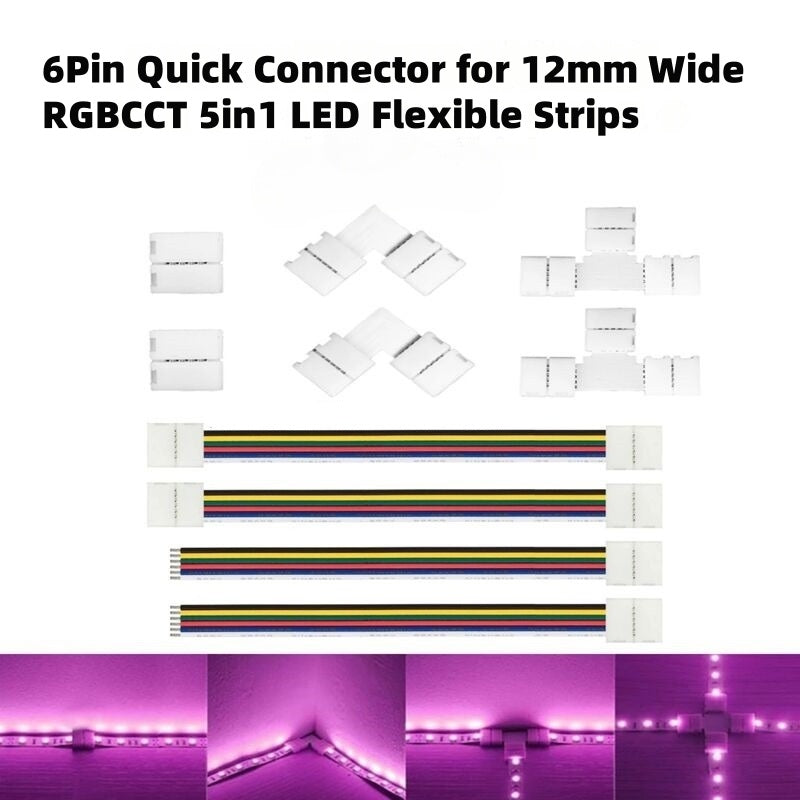 5pcs Pack Solderless Quick Connector 6Pin LED Strip Connector for 5in1 RGBCCT 12mm Wide PFCB LED Flexible Strip Lights