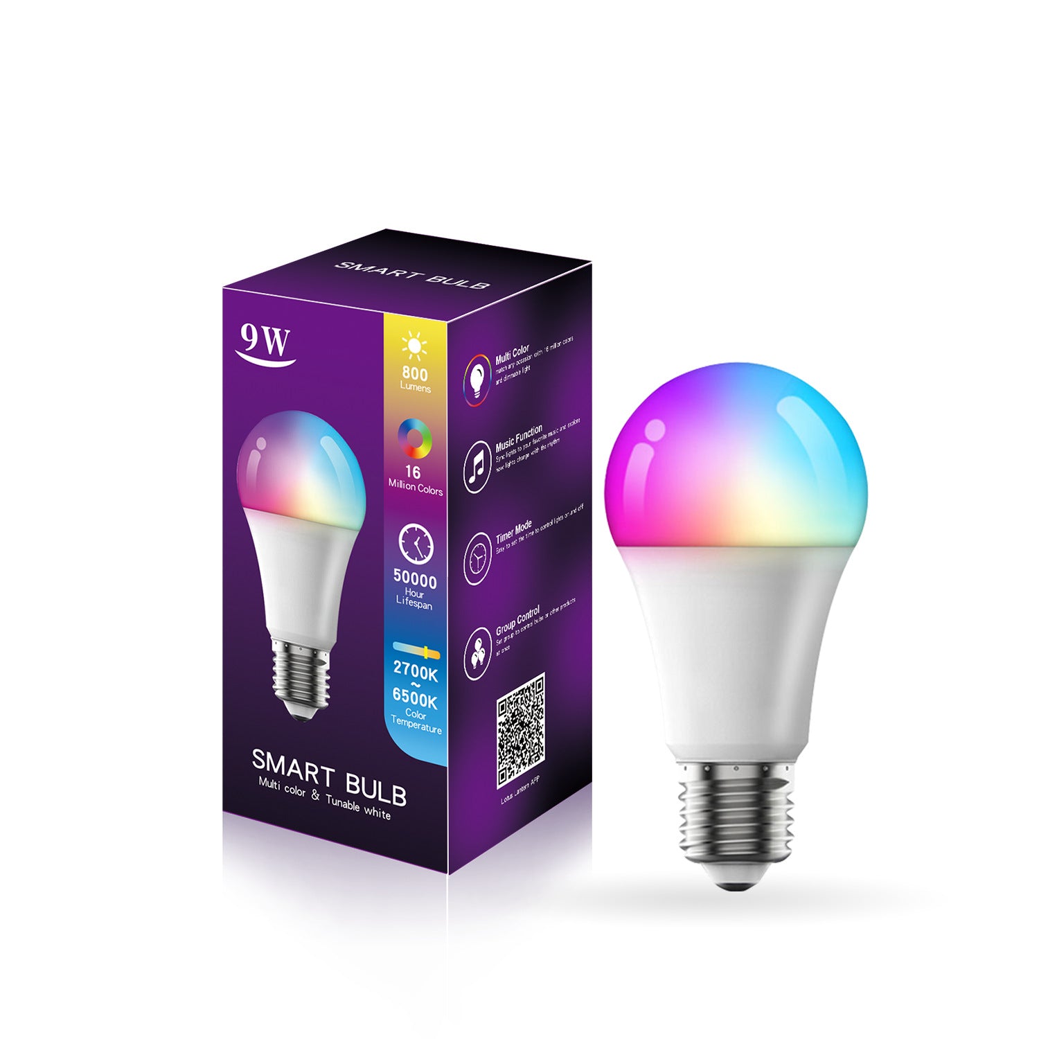 4Pack 9W LED Light Bulb E27 Base RGBCCT Bluetooth APP Controlled Smart