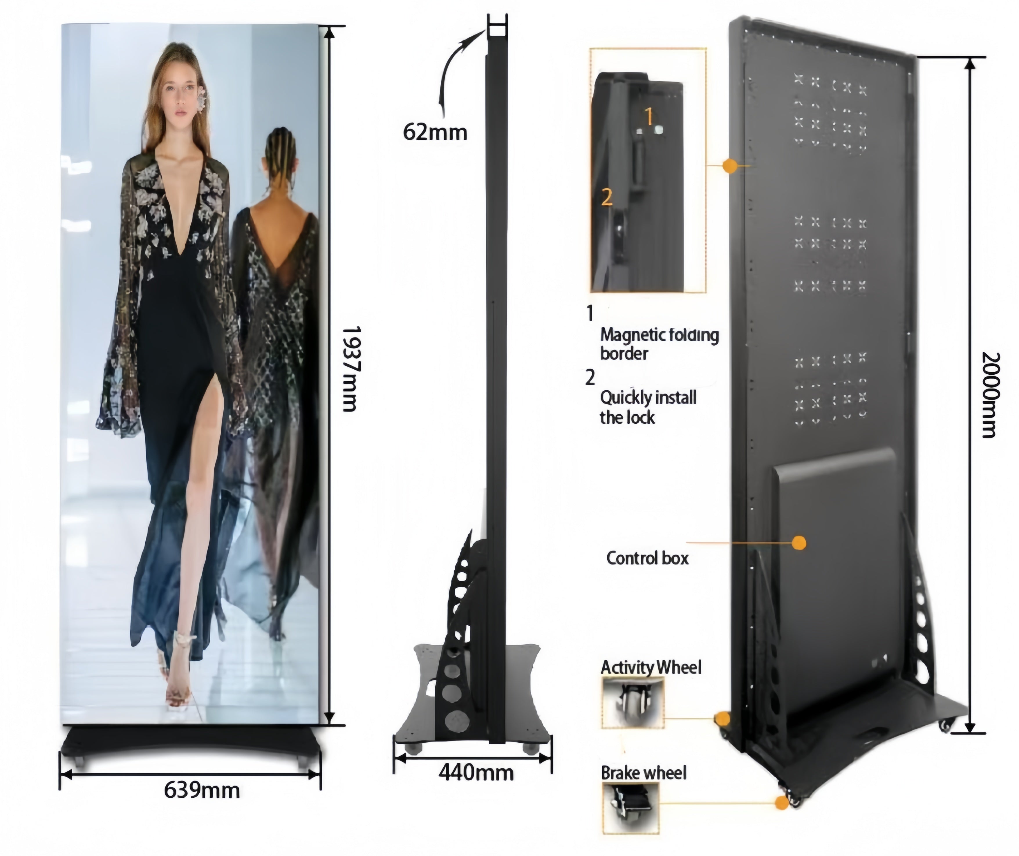2PCS-PACK EPG Series P1.25 | P1.53 | P1.86 | P2.5 mm Indoor LED Poster Display w/ Flip Open Magnetic Frame and GOB Protective IP65 Front Surface in 640x1920mm Large Display Area
