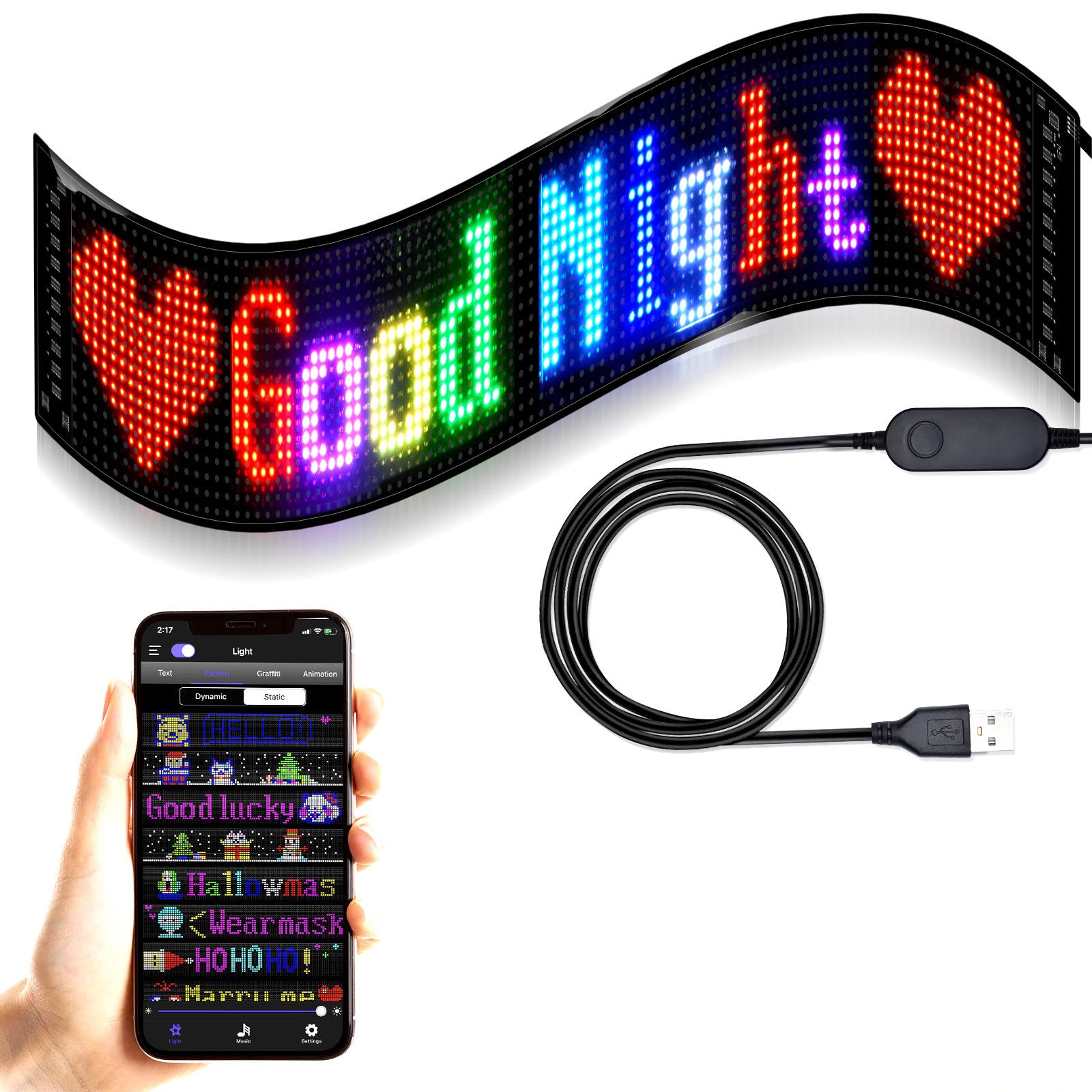 Free Shipping Model 1696 Small Flexible USB 5V Car LED Sign Bluetooth App Control Display Screen Text Pattern Animation LED sign display for Car Windows, Shop, Bar and Entrance Sign