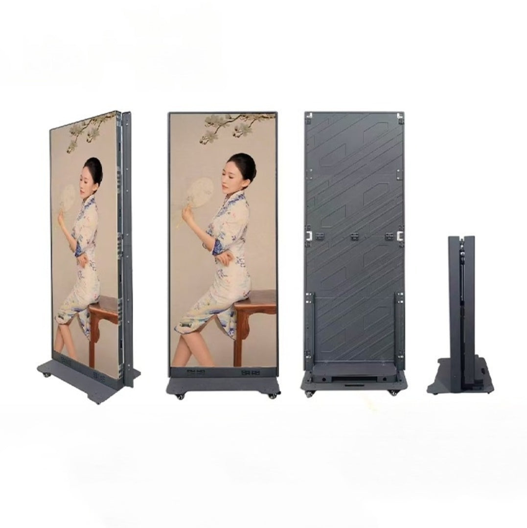 Free-Standing LED Digital Poster, Backward Foldable LED Poster Display with Flip Open Magnetic Frame and GOB Protective IP65 Front Surface in 640x1920mm Large Display Area