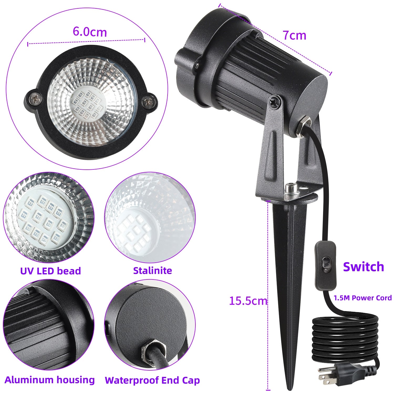 2Pack Black Light 12W AC85-265V IP66 Waterproof UV 385-400nm Purple Led Lights Lawn Light Spotlight for Stage Lighting Glow Party Room Fluorescent All Hallows' Day