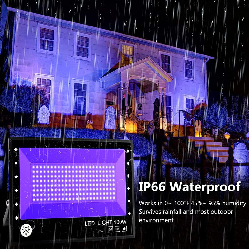 2Pack Black Lights - 100W 385-400 nm AC85-265V Upgraded LED Flood Light with Switch, Waterproof IP66 for Glow Party, Stage Lighting, Aquarium, Glow in The Dark, Body Paint, Fluorescent Poster, Neon Glow