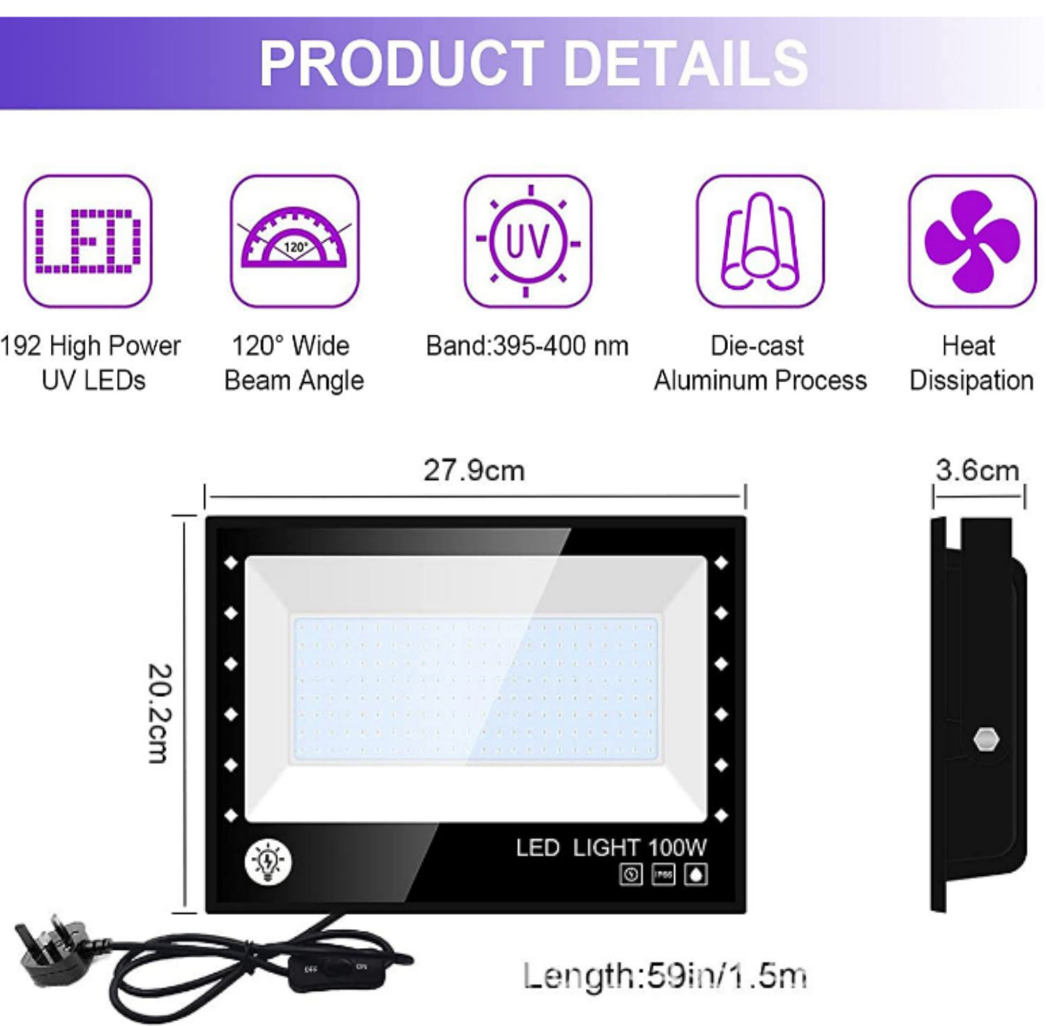 2Pack Black Lights - 100W 395-400 nm AC85-265V Upgraded LED Flood Light with Switch, Waterproof IP66 for Glow Party, Stage Lighting, Aquarium, Glow in The Dark, Body Paint, Fluorescent Poster, Neon Glow