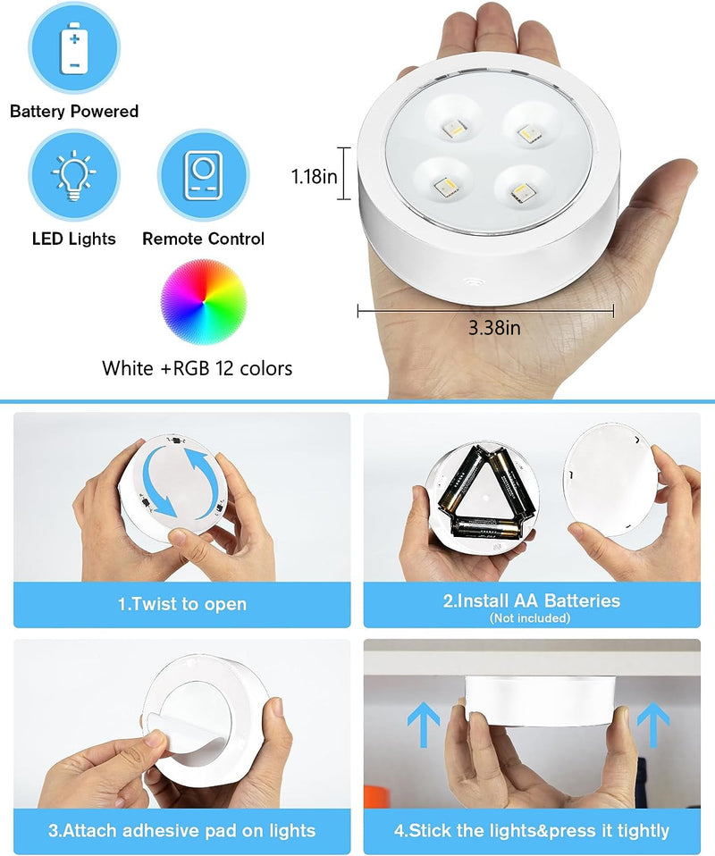 6 Pack LED Puck Lights with Remote, White Finish RGBW Color Changing Under Cabinet Lights Wireless,13 Colors Changeable LED Closet Light Dimmable,AA Battery Operate Push Night Lights with Timer Function