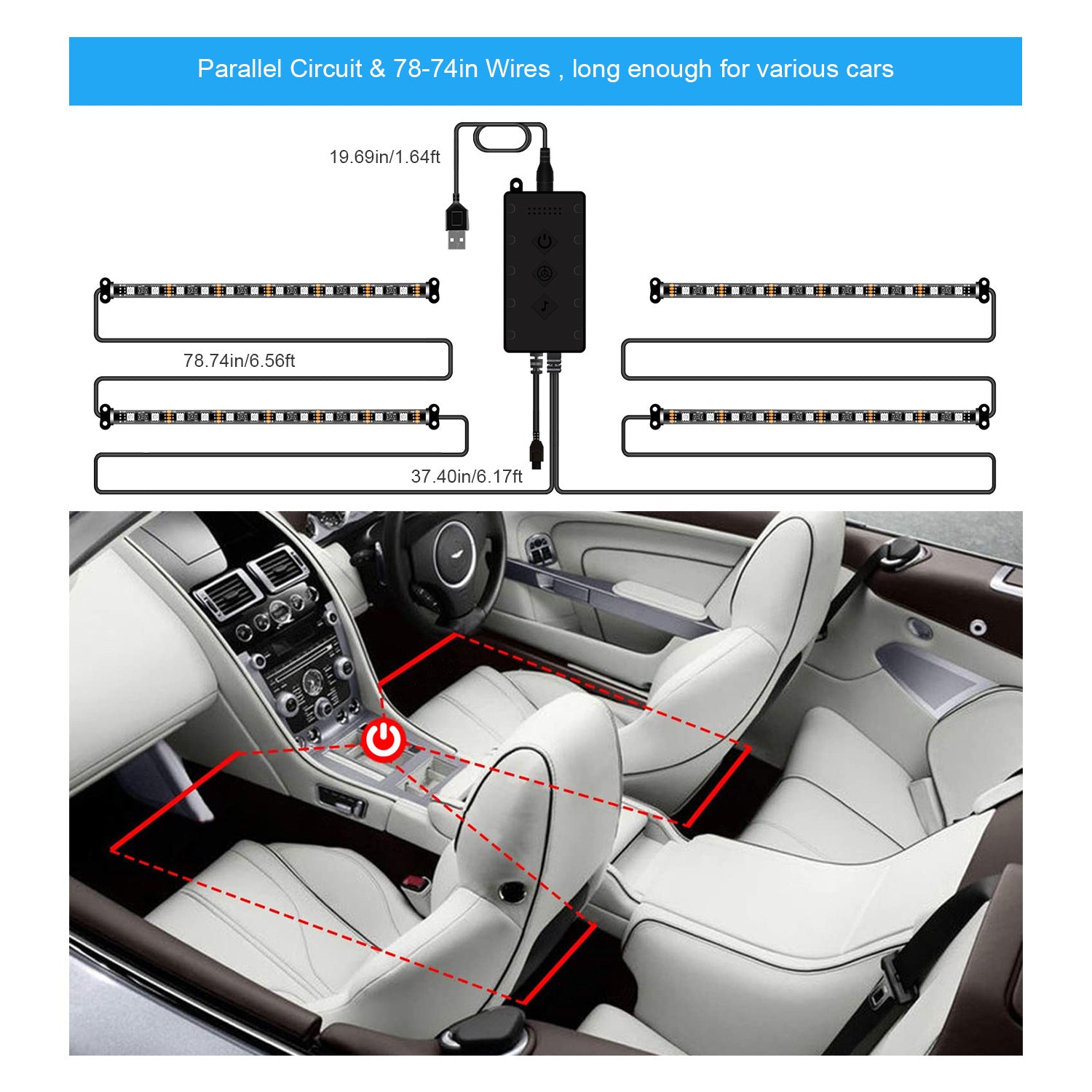 Car Interior Lights 4pcs 48 LED Car Atmosphere Glow Neon lights Multi-Color Music Car LED Strip Lights Decorative Underdash Lighting Kit with Bluetooth APP Controlled Sound Active function Wireless Remote Control