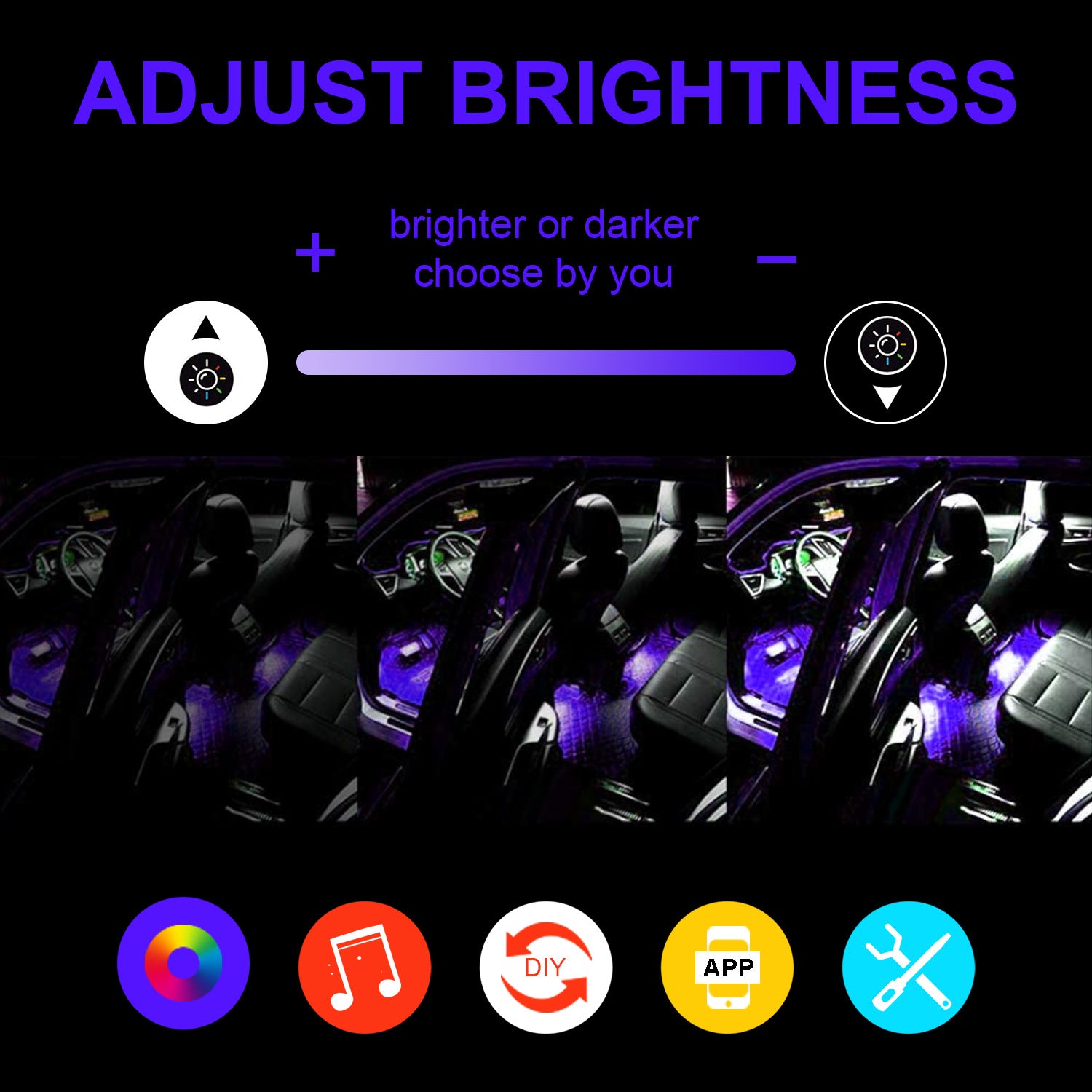 Car Interior Lights 4pcs 48 LED Car Atmosphere Glow Neon lights Multi-Color Music Car LED Strip Lights Decorative Underdash Lighting Kit with Bluetooth APP Controlled Sound Active function Wireless Remote Control