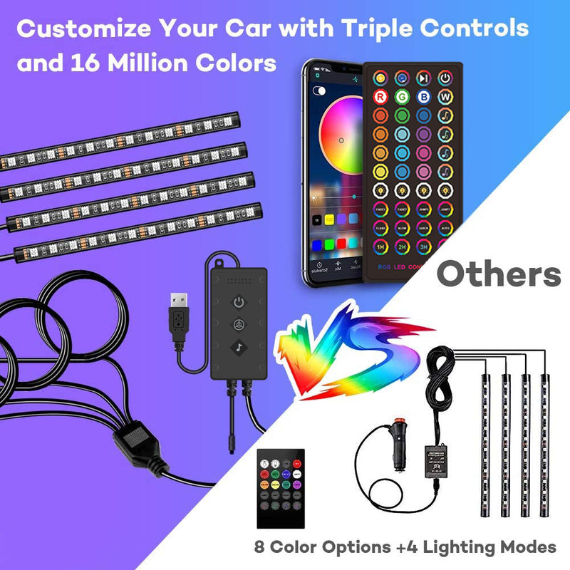 Car Interior Lights 4pcs 48 LED Car Atmosphere Glow Neon lights Multi-Color Music Car LED Strip Lights Decorative Underdash Lighting Kit with Bluetooth APP Controlled Sound Active function Wireless Remote Control