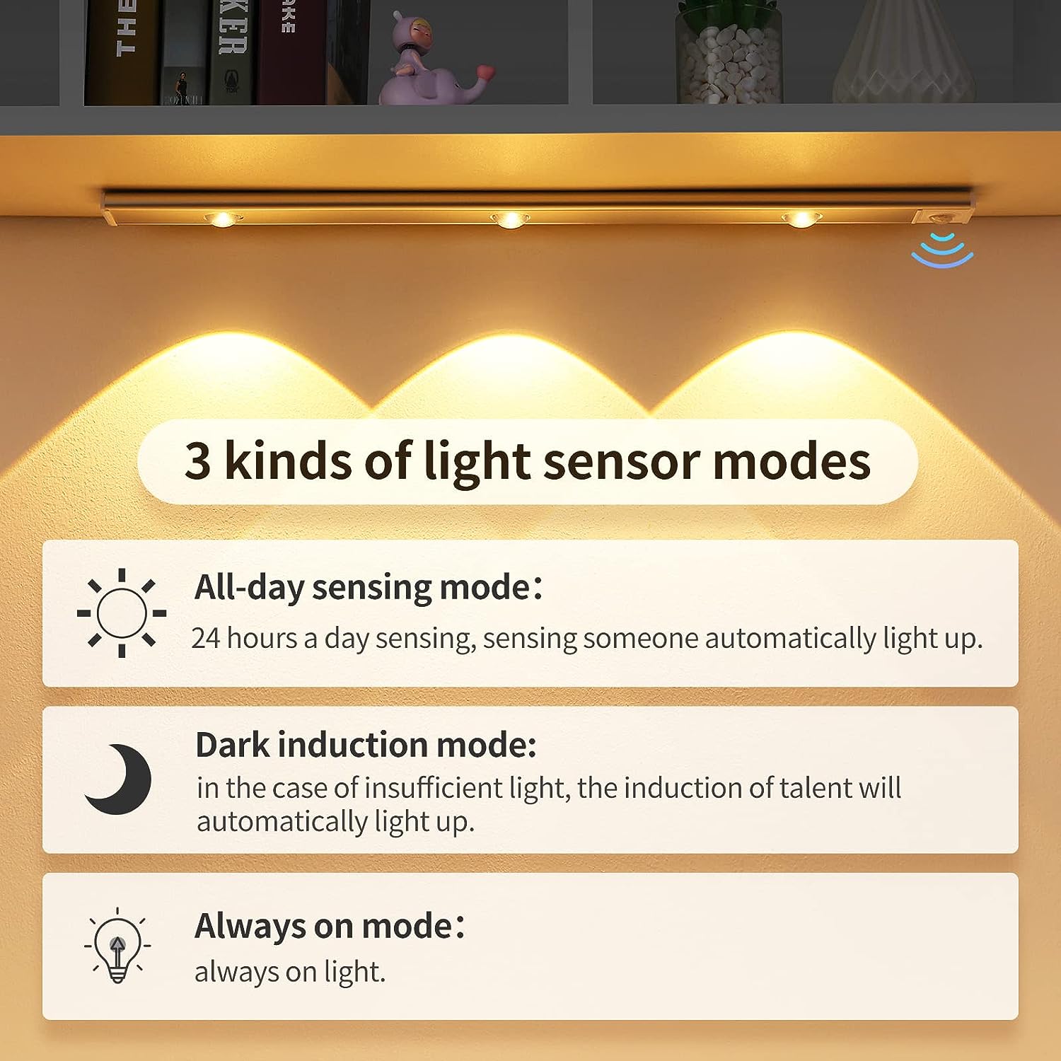 2 Pack 3-Color Dimmable LED Motion Sensor Under Cabinet Light, Rechargeable Magnetic Wireless Under Counter Lighting for Kitchen Bedroom Closet Cupboard Wardrobe Stairs Corridor