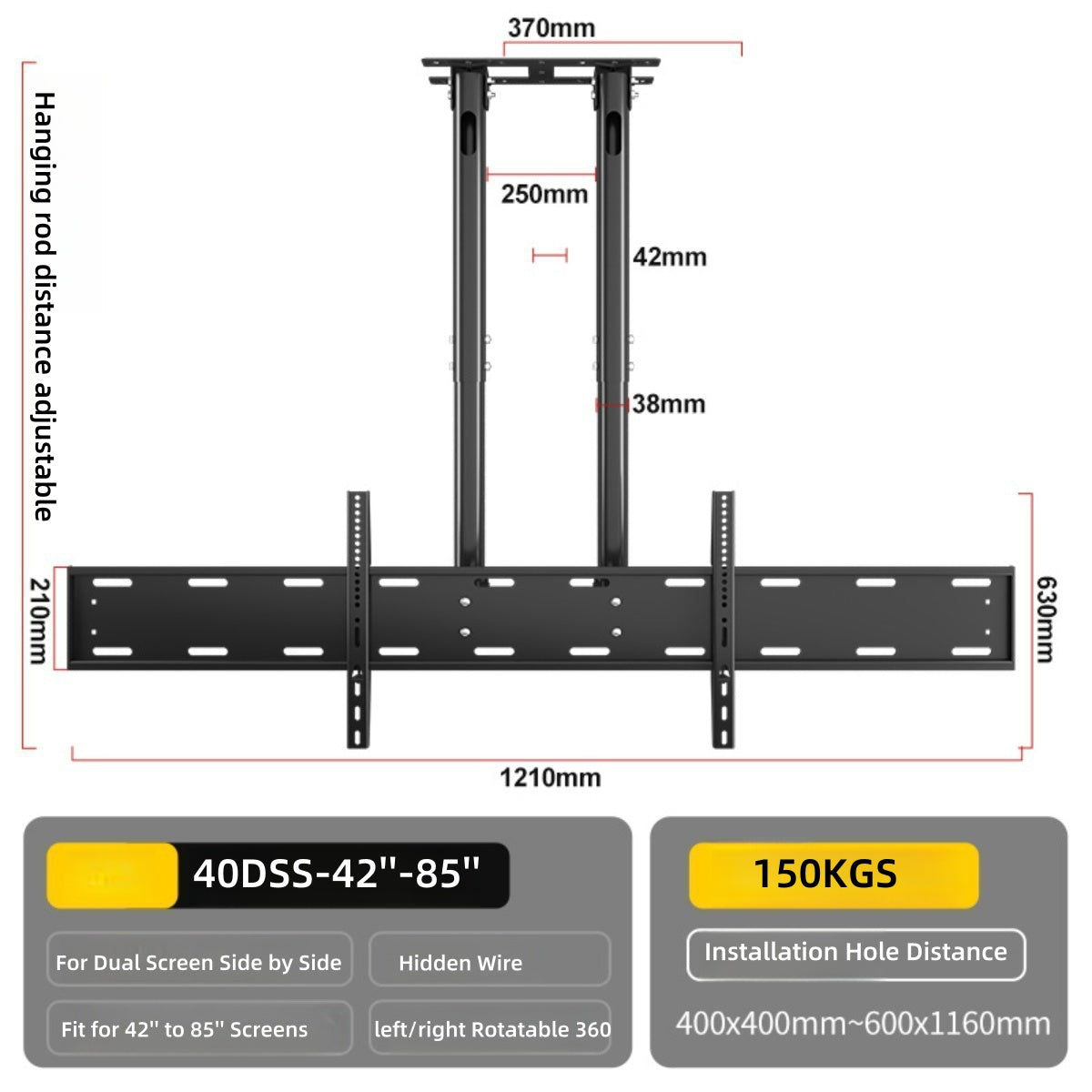 42-85 Inch Dual Side by Side LCD Screen Hanger LCD TV Ceiling Hanger 360 Degree Rotation Wall-mounted LCD Monitor Stand