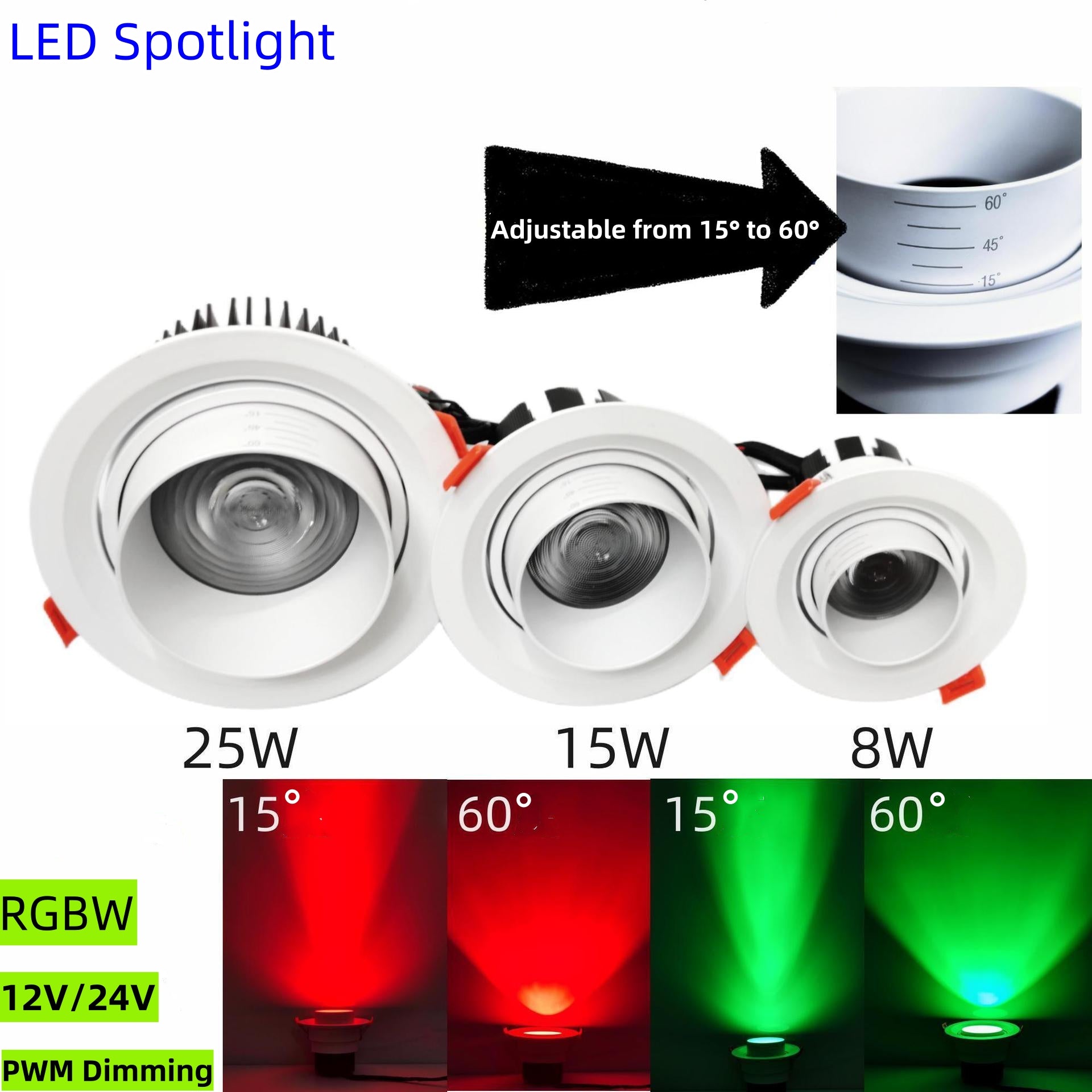 Free Shipping 4 Pack RGBW Super Bright Modern Recessed LED Lighting Adjustable 15°-60°Beam Angle, Ambient Lighting 15W 12V/24V White Round LED Embedded Aluminum Indoor Ceiling Downlight for Hotel，Bar，Dancing Room，Restaurant