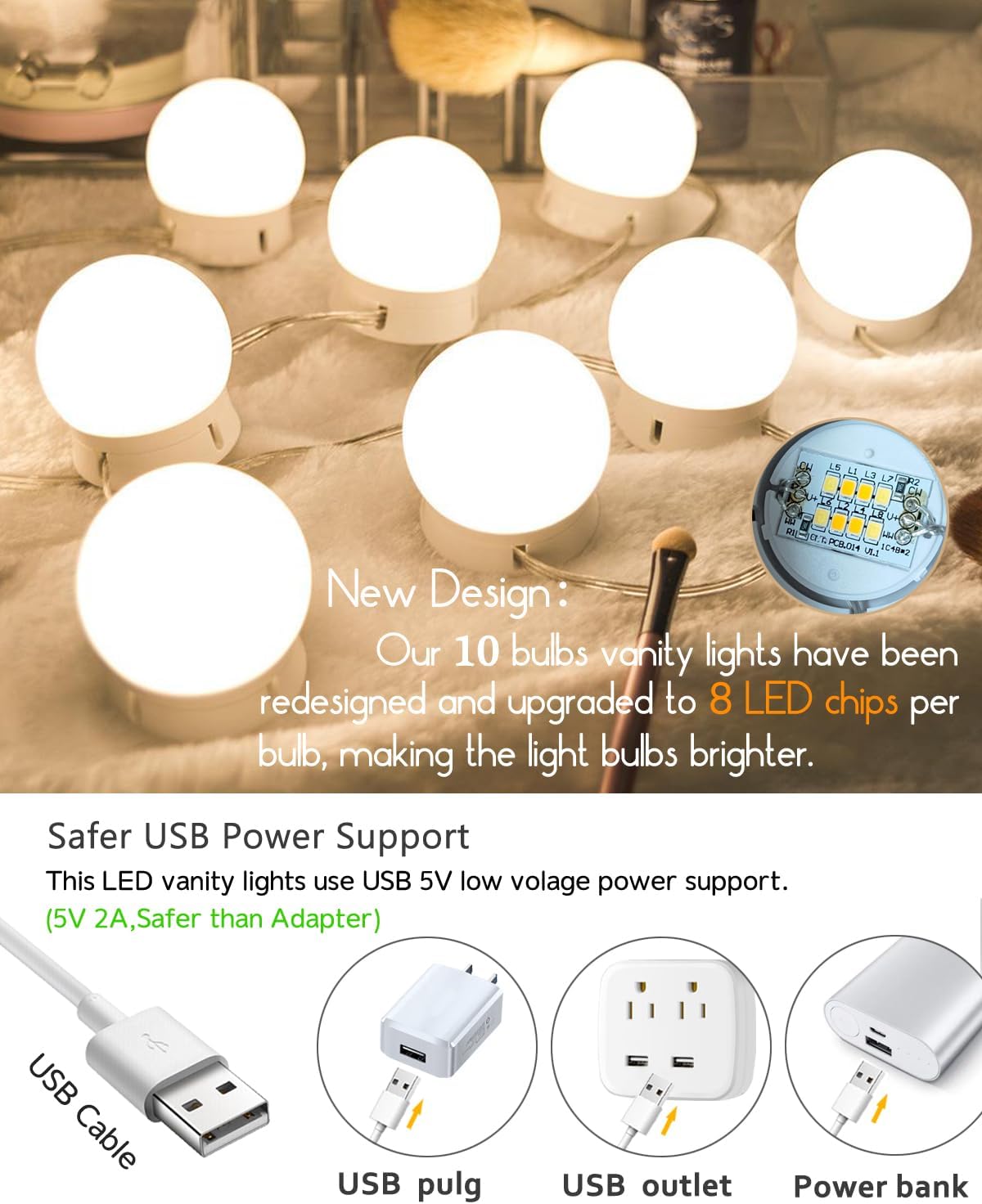 Hollywood Style LED Vanity Mirror Lights Kit with 10 3Colors Adjustable 1.77'' Light Bulbs, Perfect for Makeup Vanity Table Set in Dressing Room