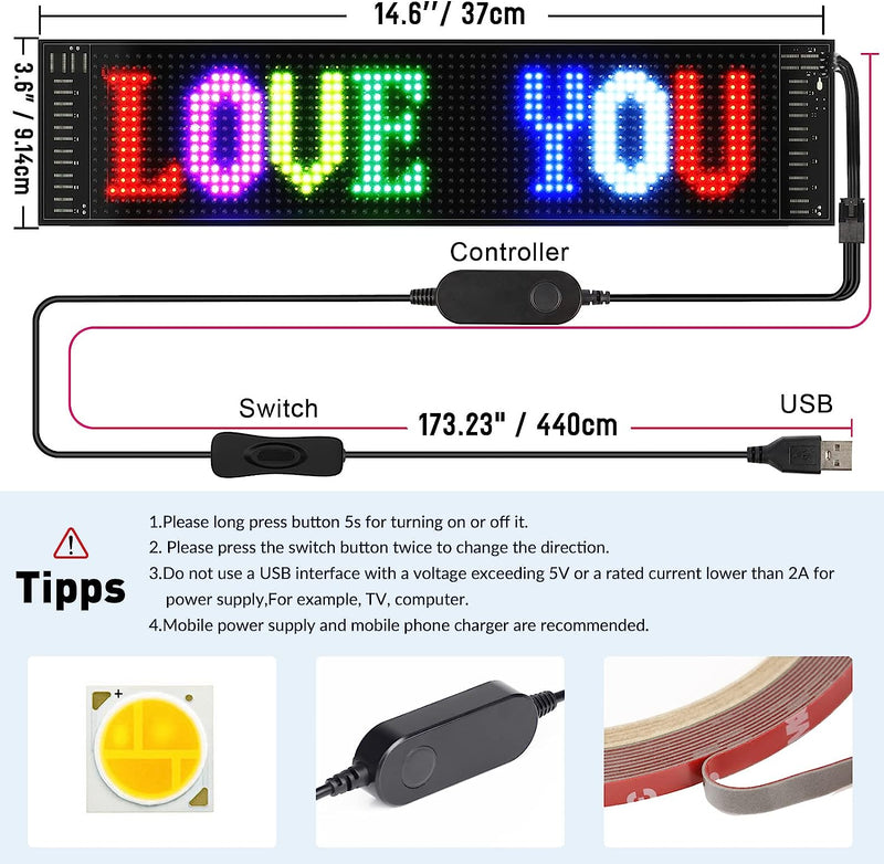 Free Shipping Model 1664 Flexible USB 5V Car LED Sign Bluetooth App Control Display Screen Text Pattern Animation LED sign display for Car Windows, Shop, Bar and Entrance Sign