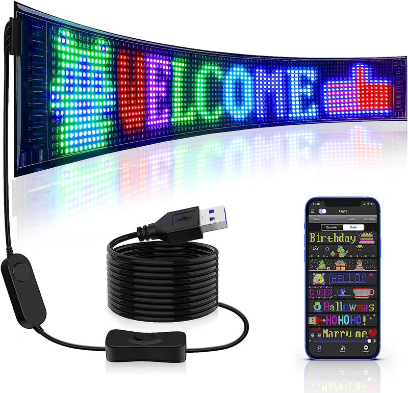 Free Shipping Model 1696 Flexible USB 5V Car LED Sign Bluetooth App Control Display Screen Text Pattern Animation LED sign display for Car Windows, Shop, Bar and Entrance Sign